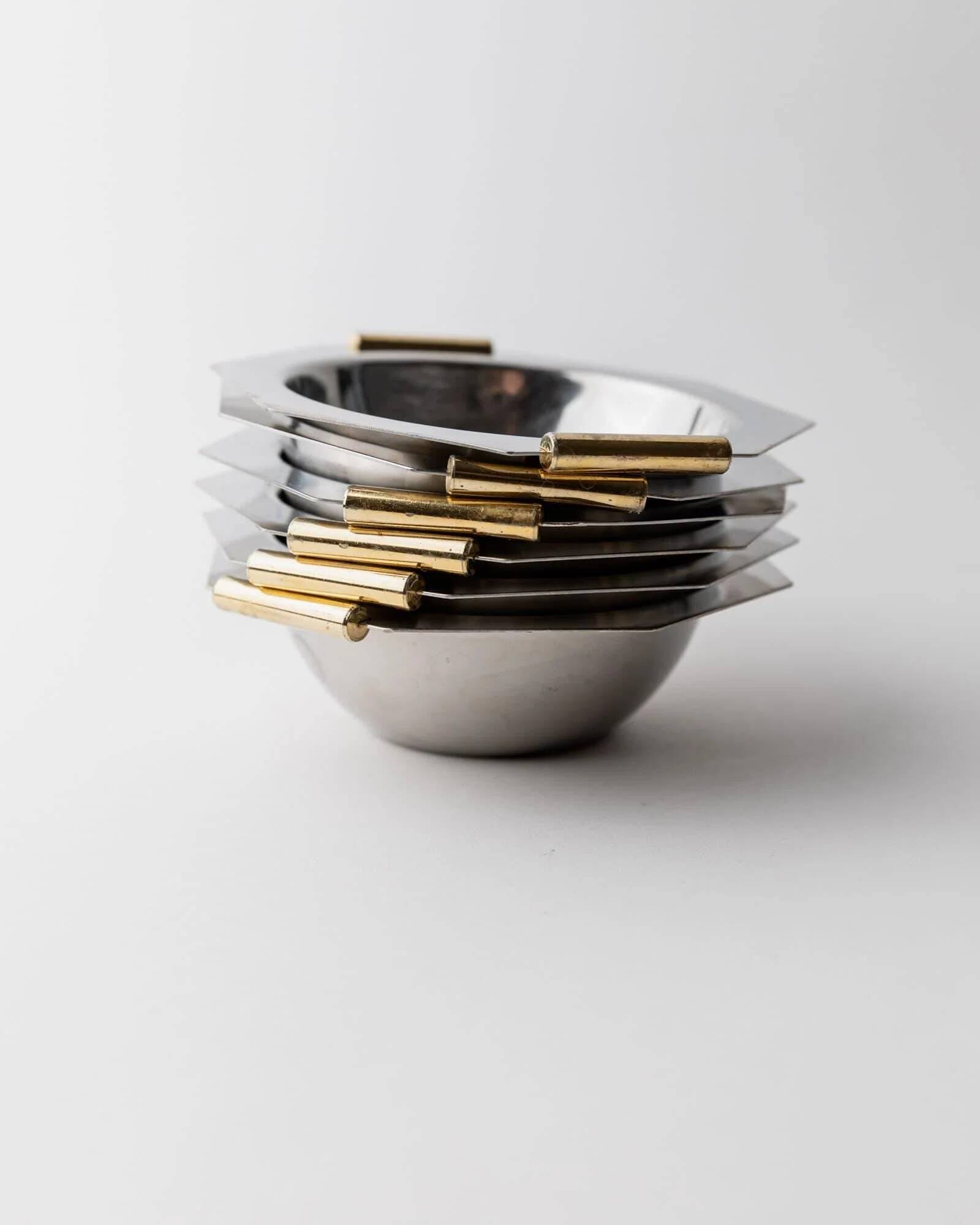 1980s vintage bowls, set of 8, stainless steel with gold handles.