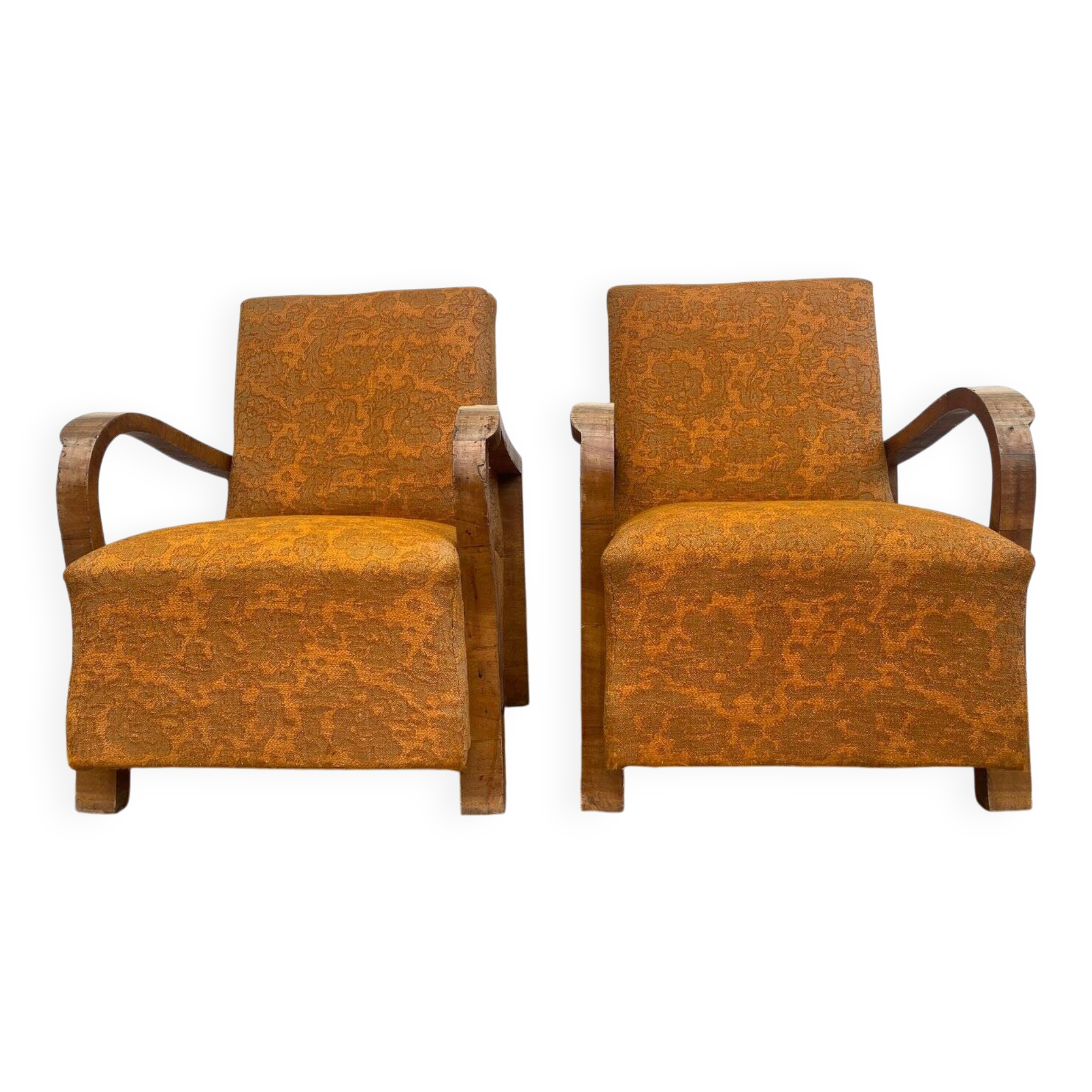 Pair of Art Deco chairs in walnut, yellow/brown fabric — 1920s, set of 2