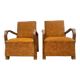 Pair of Art Deco chairs in walnut, yellow/brown fabric — 1920s, set of 2