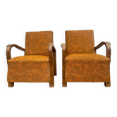 Pair of Art Deco chairs in walnut, yellow/brown fabric — 1920s, set of 2