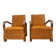 Pair of Art Deco chairs in walnut, yellow/brown fabric — 1920s, set of 2