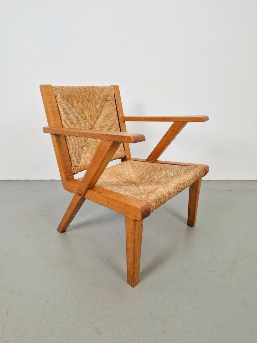 Chaises en bois brutalistes modernistes en paille, années 1940, ensemble de 3