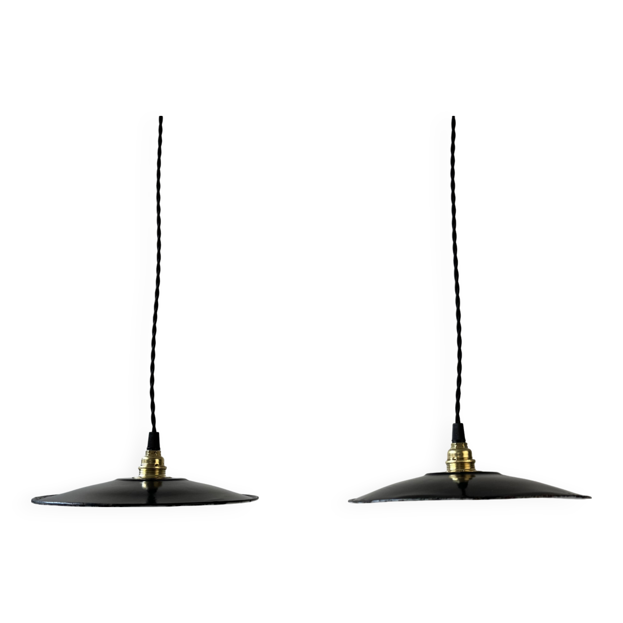 Pair of old industrial black enamelled pendant lights