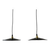 Pair of old industrial black enamelled pendant lights