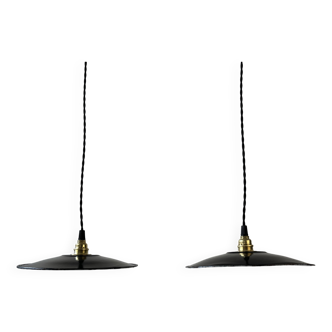 Pair of old industrial black enamelled pendant lights