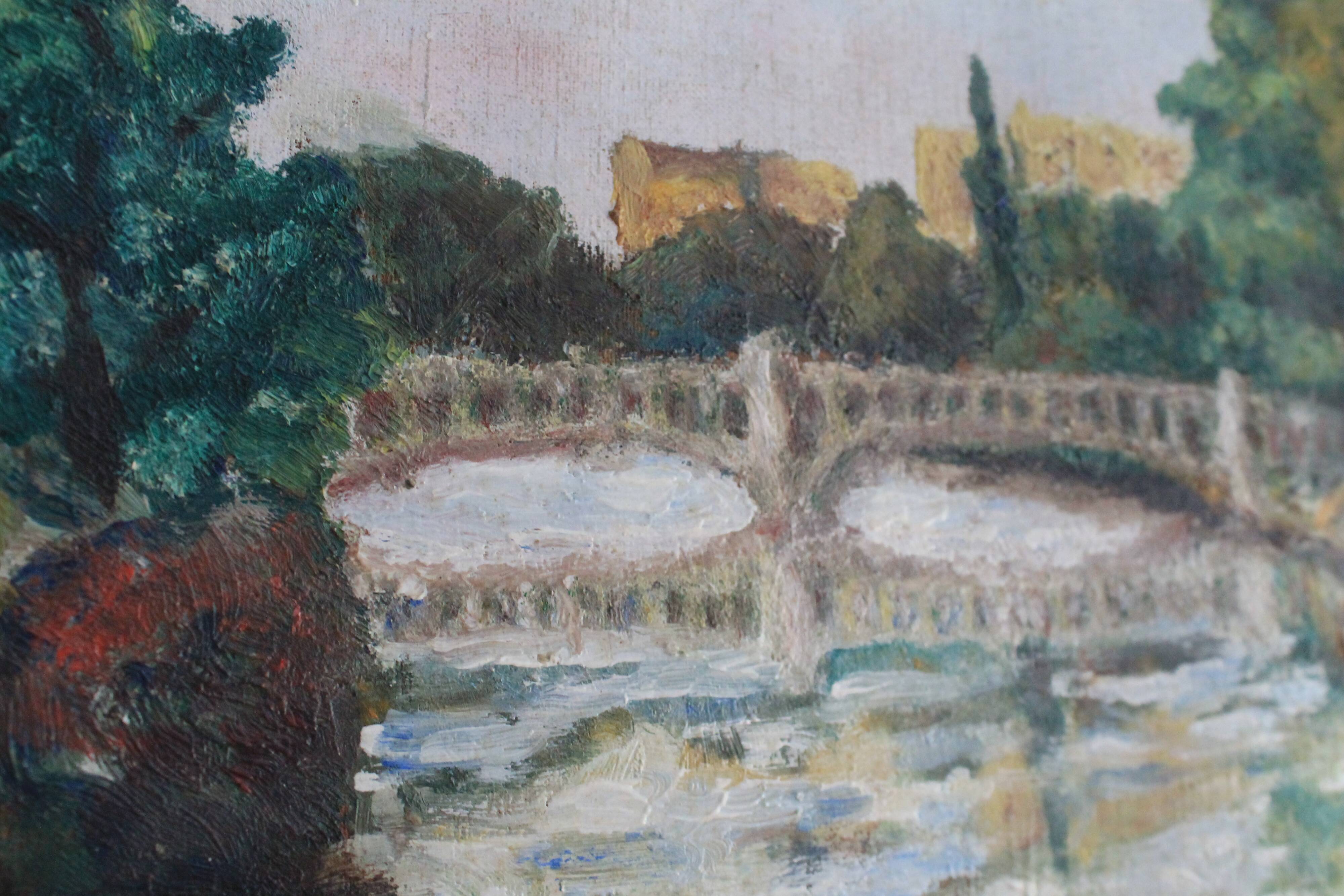 Oil on canvas "Landscape with Bridge" early 20th century