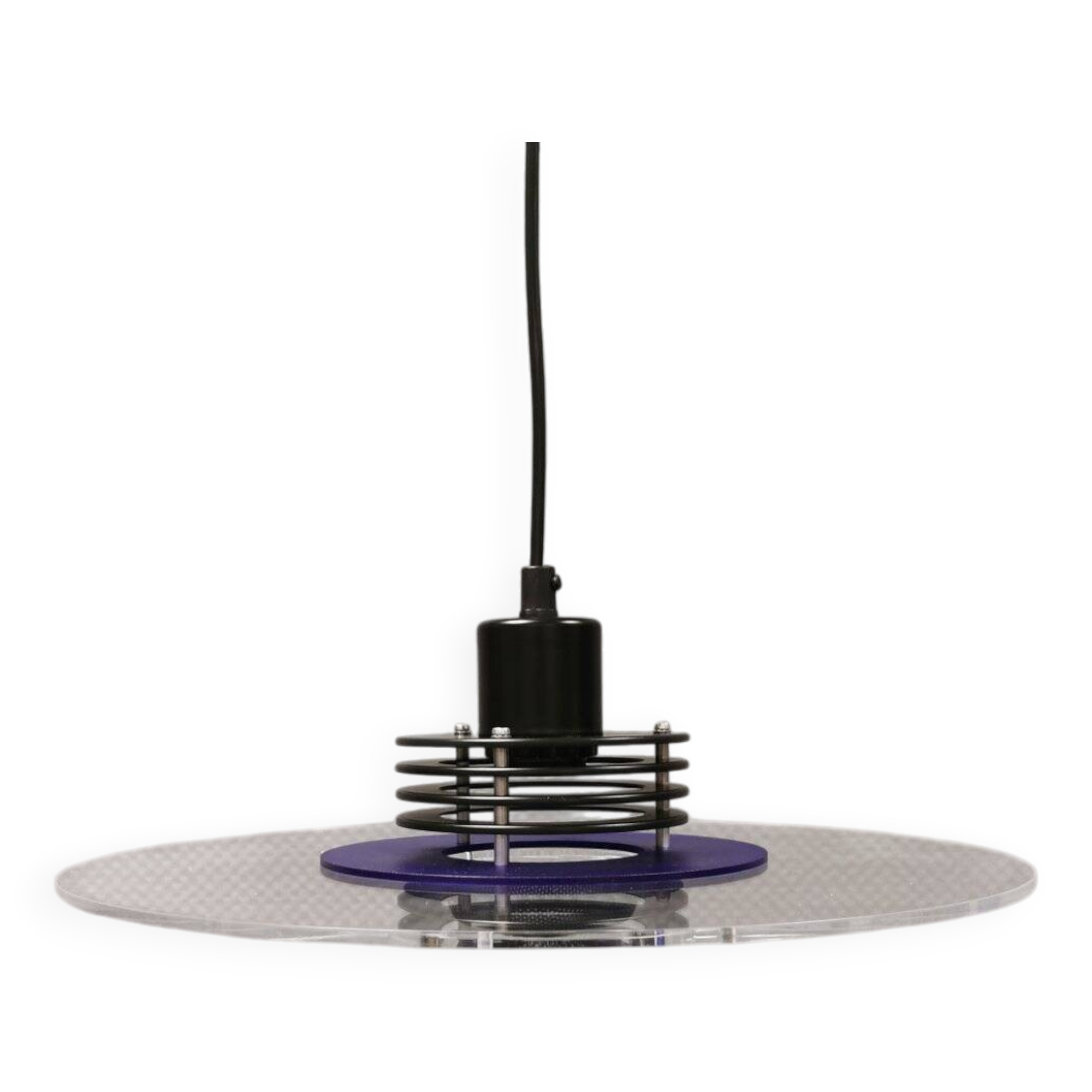 Danish space-age hanging lamp in transparent and blue plexi with black metal 1980s