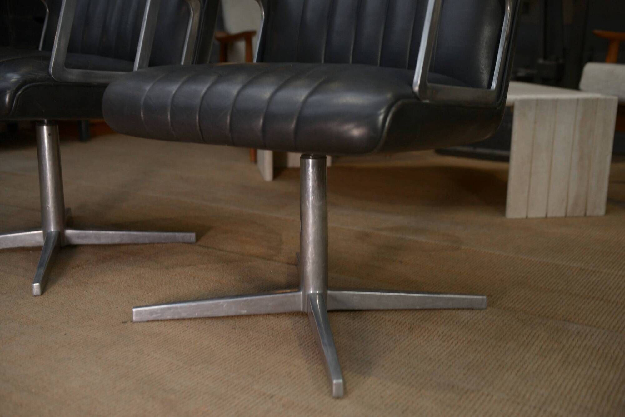 Set of 3 designer swivel metal leather office armchairs 1970