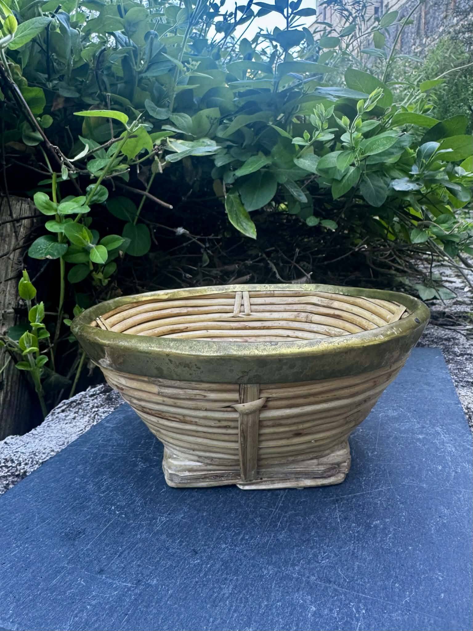Large wicker and brass fruit bowl by Gabriella Crespi from the 1960s.
