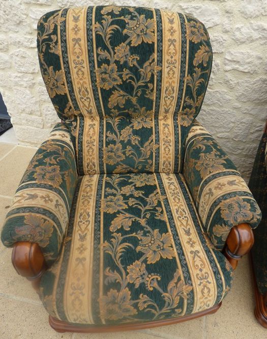 Three French-made cherry wood armchairs covered in velvet
