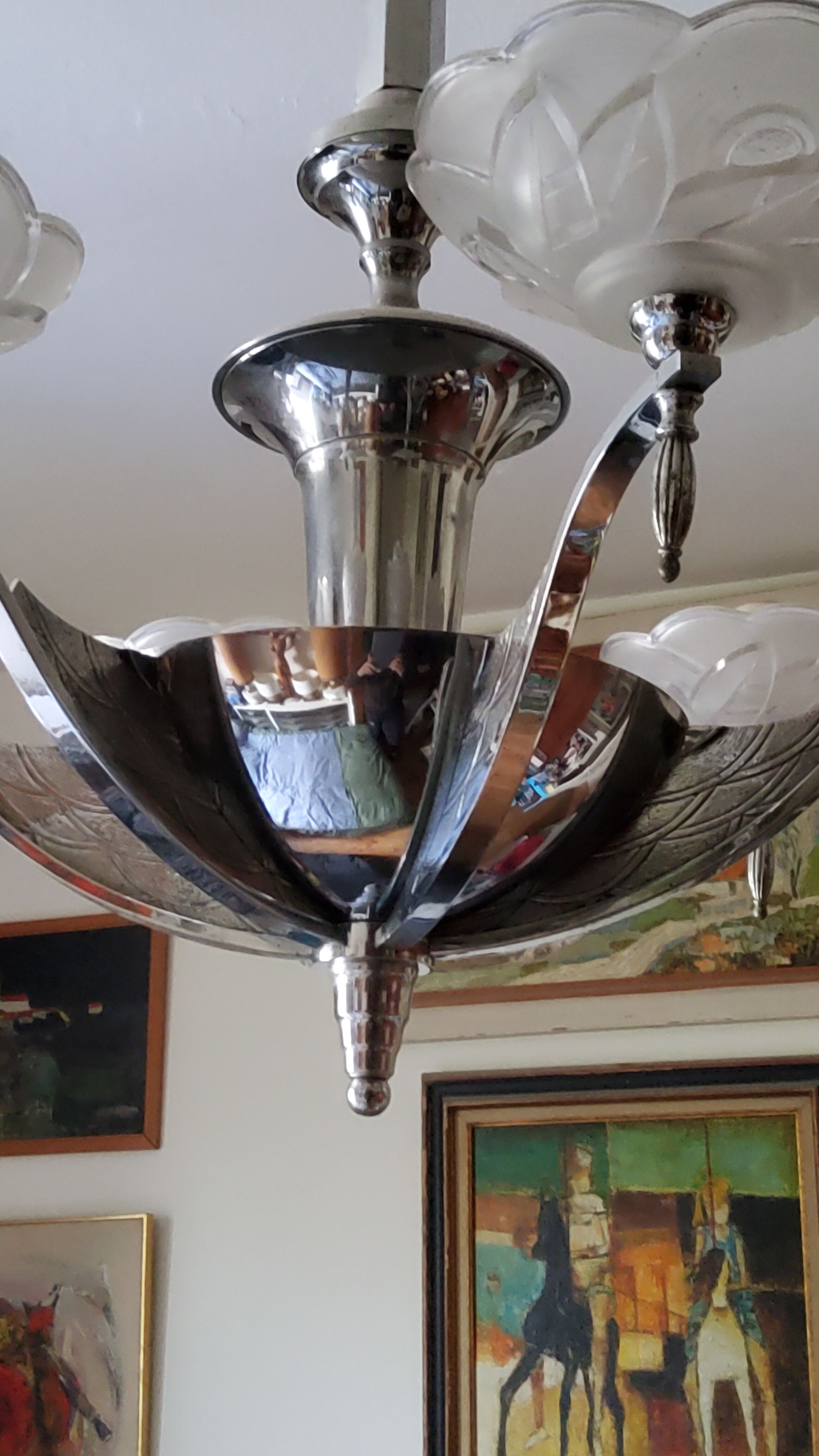 Art deco chandelier in chromed metal and glass 6 arms of lights