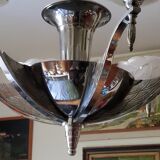 Art deco chandelier in chromed metal and glass 6 arms of lights