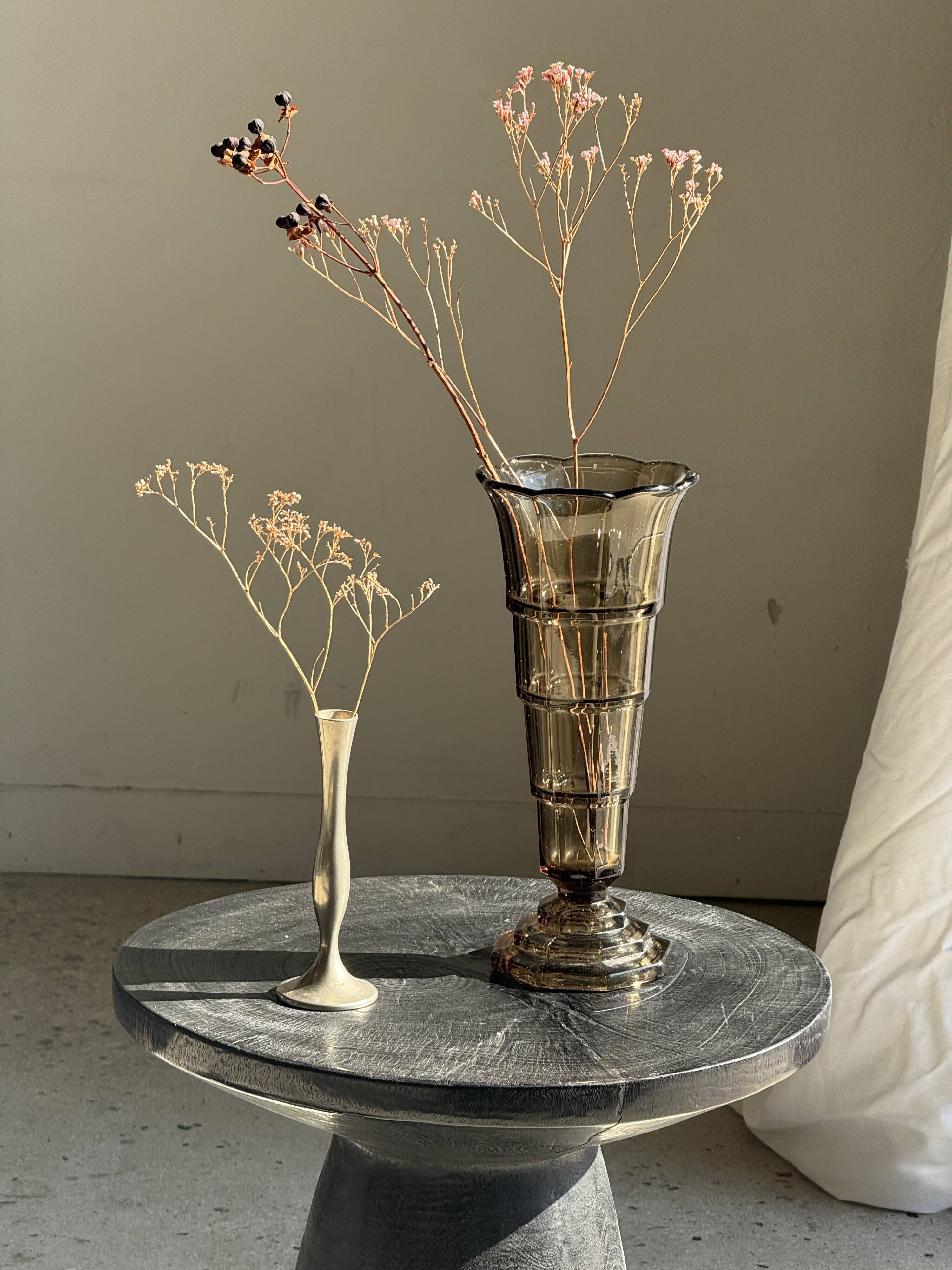 Flared Art Deco vase in smoked moulded glass with steps H30 W13.5