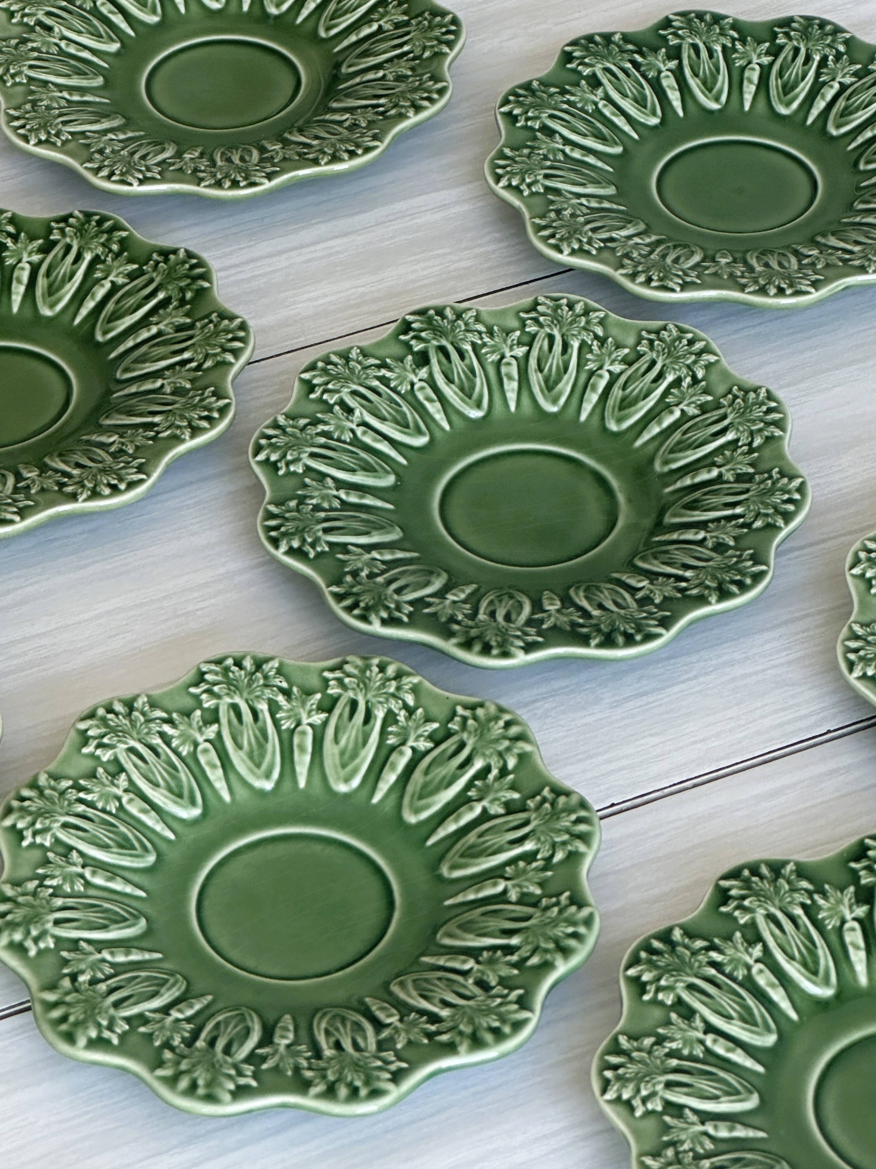 Set of 9 small old green earthenware plates