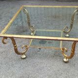 Table en verre et fer forgé doré à la feuille vintage