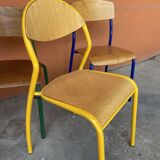 set of 4 mismatched school chairs multi-colored industrial vintage school