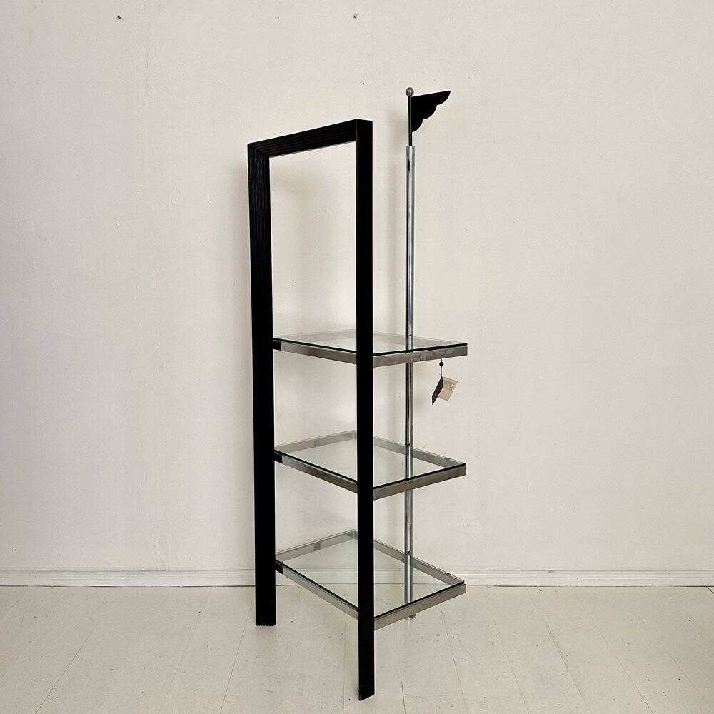 Italian Postmodern Chrome, Black Wood and Glass Shelf by Ponti Terenghi, 1980s
