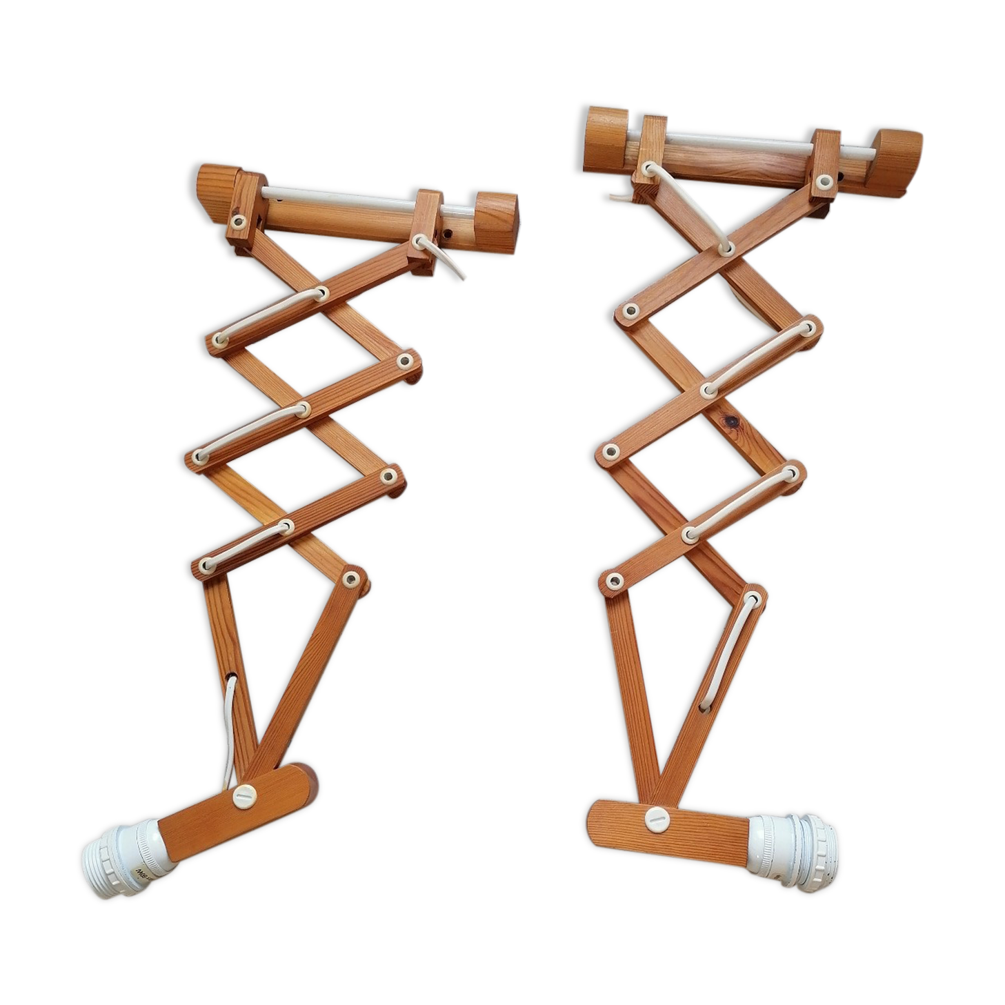 Pair of wooden scissor wall lamps