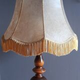 Solid wood table lamp turned rustic chic, beige and golden pagoda lampshade - 60s