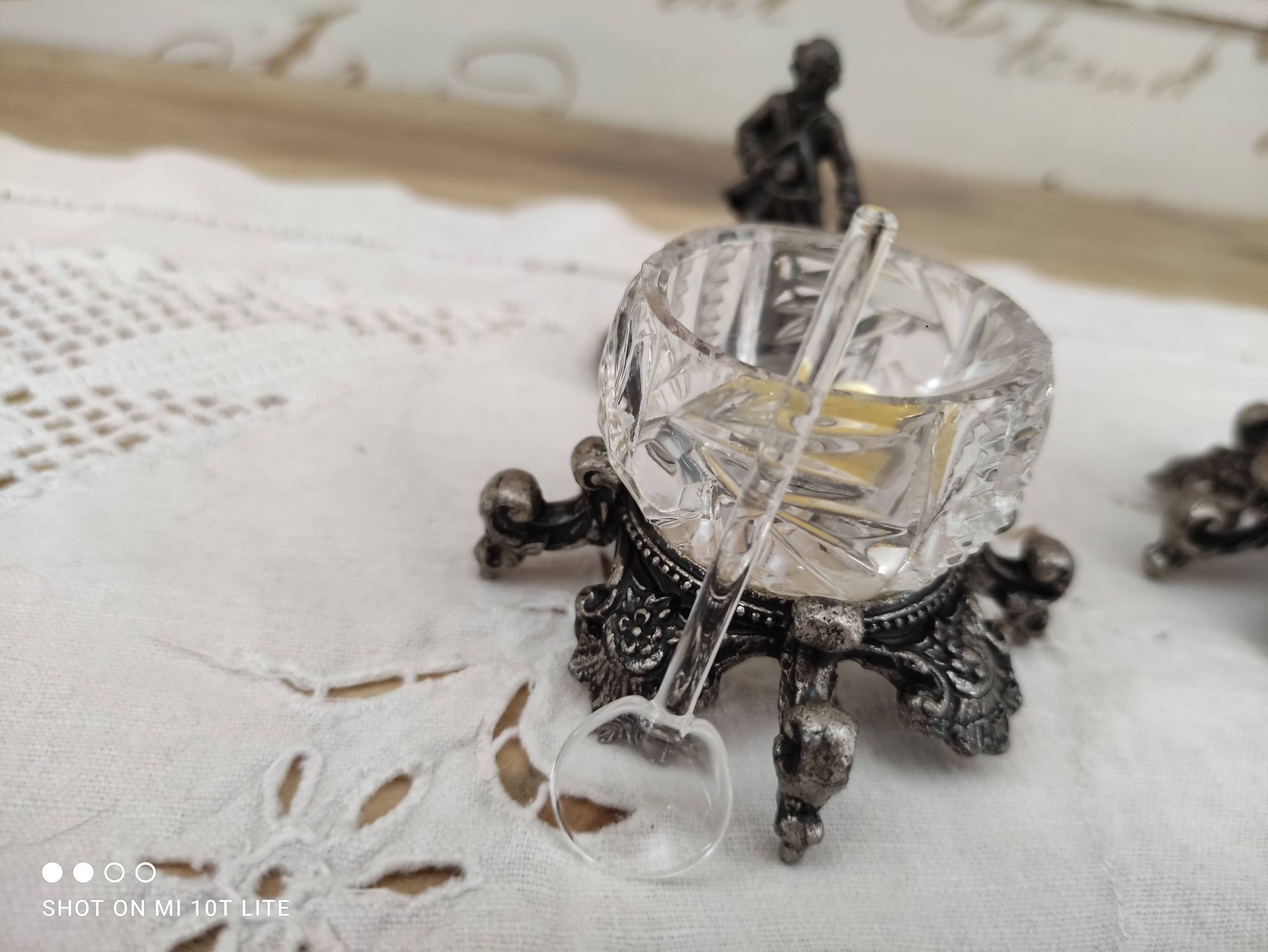 Trio of salters and mustard makers made of Bavarian crystal and bronze