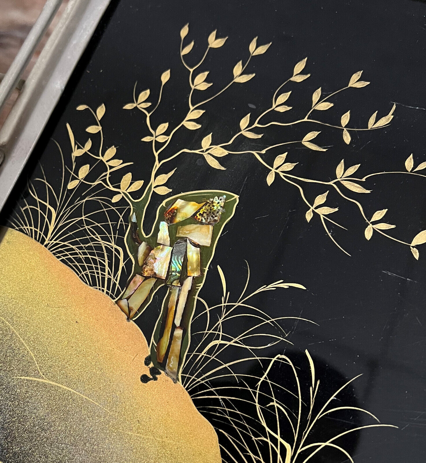 Art deco period serving tray with decoration fixed under glass