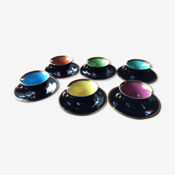 6 Black cups and colors Salins la Baule with saucers
