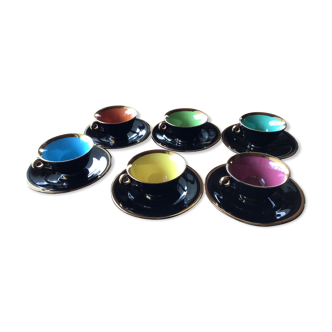 6 Black cups and colors Salins la Baule with saucers