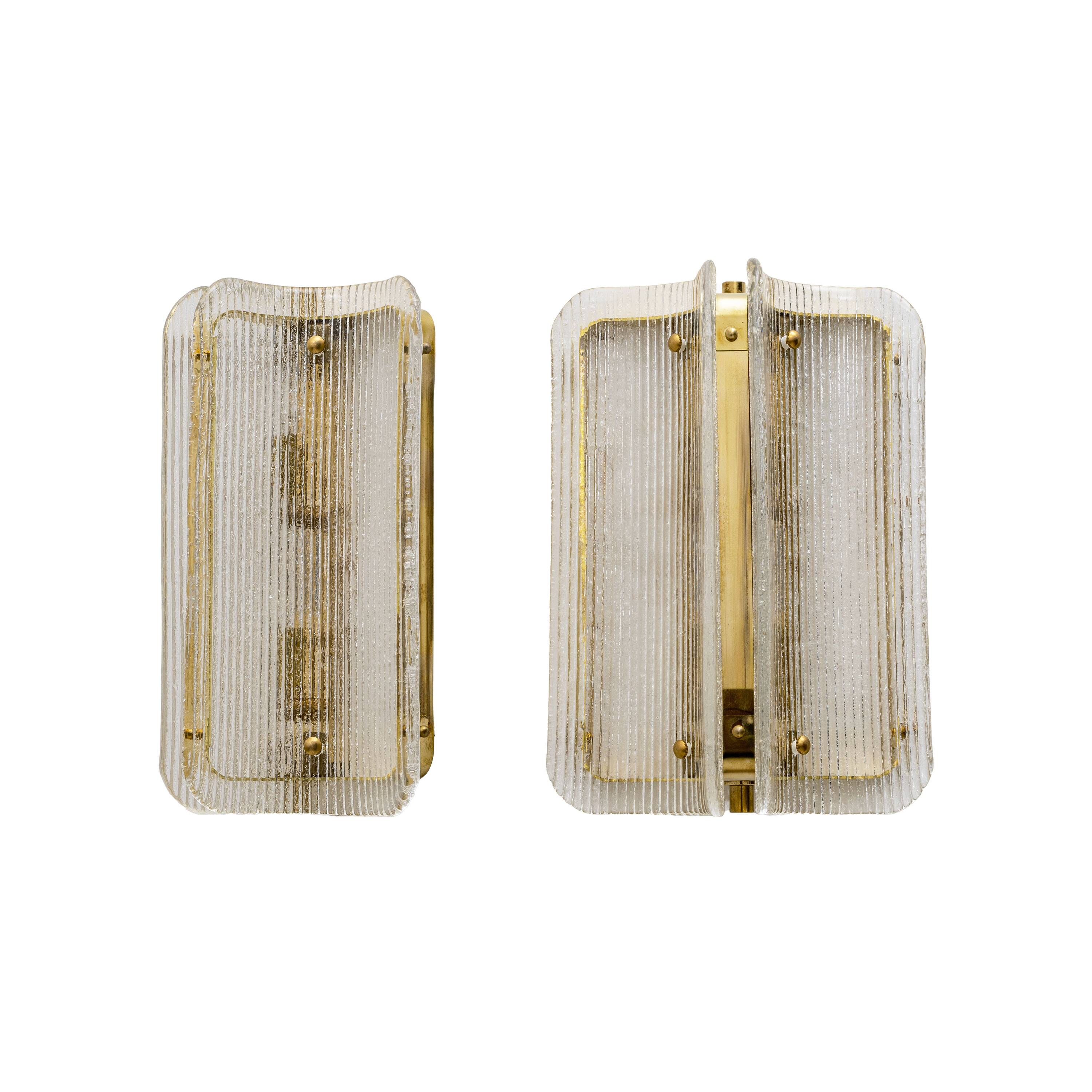 Pair of Curved Clear Ribbed Murano Glass and Brass Wall Sconces