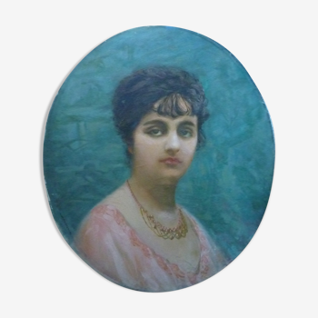 Portrait jeune femme, huile sur toile signée Laroque