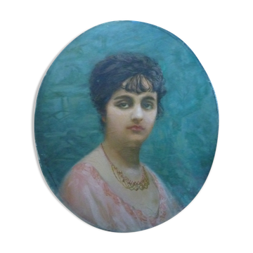 Portrait jeune femme, huile sur toile signée Laroque