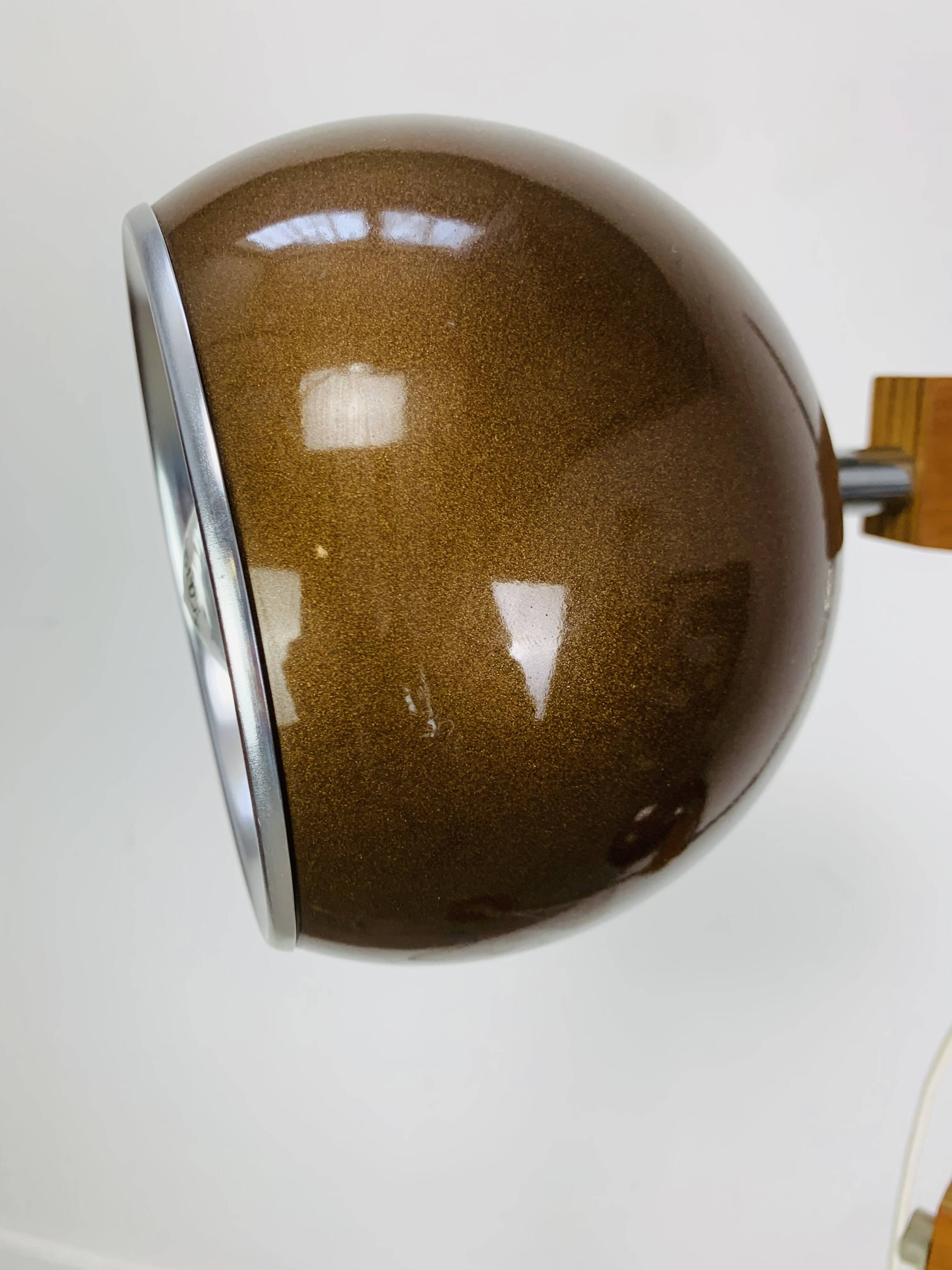 Eyeball floor lamp by Temde Leuchten, copper metal, teak and chrome, 70s.