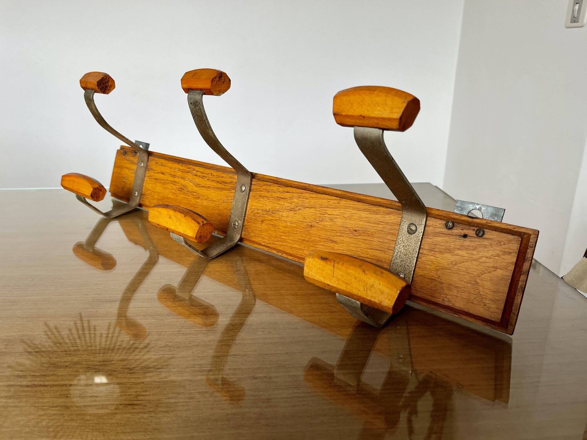 Scandinavian wall coat rack in wood and metal 6 hooks 60s 70s