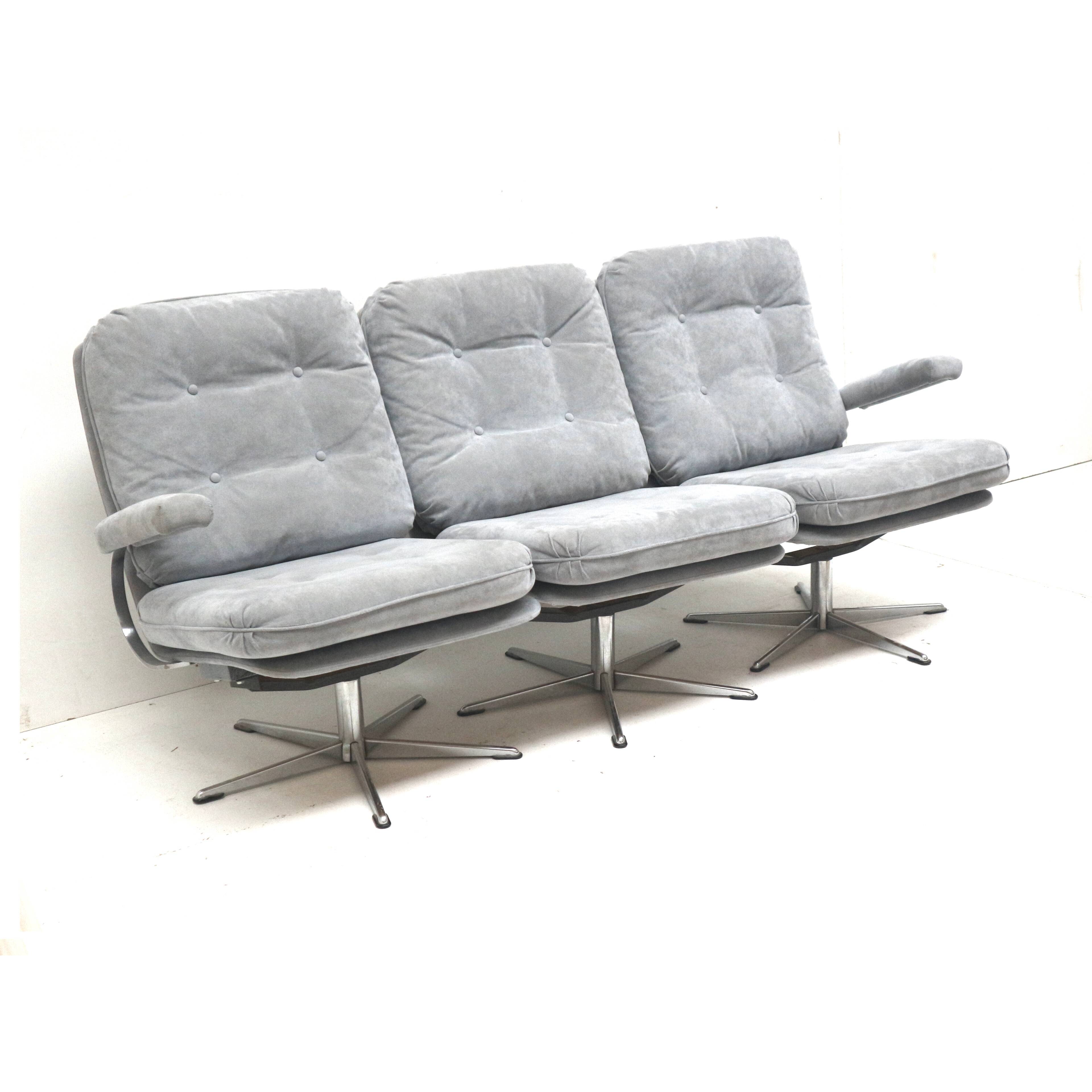 Vintage 3-seater sofa with gray suede upholstery made in the 1970s