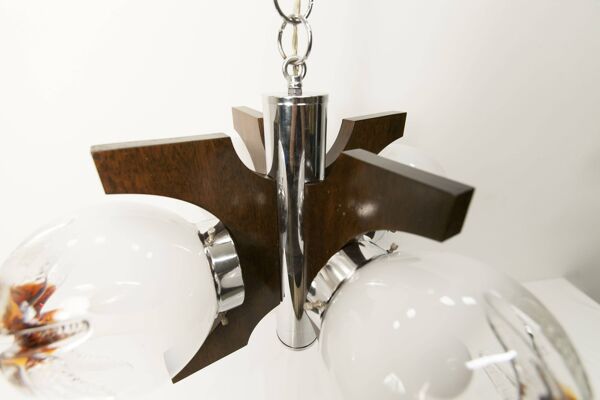 Lustre mazzega Murano 4 boules et teck 1960