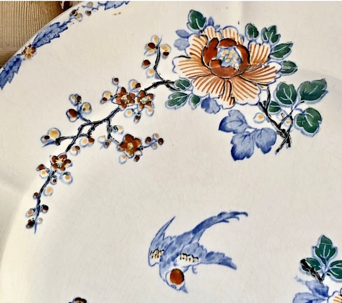 Large flat Gien rooster model and peonies 1938 1960