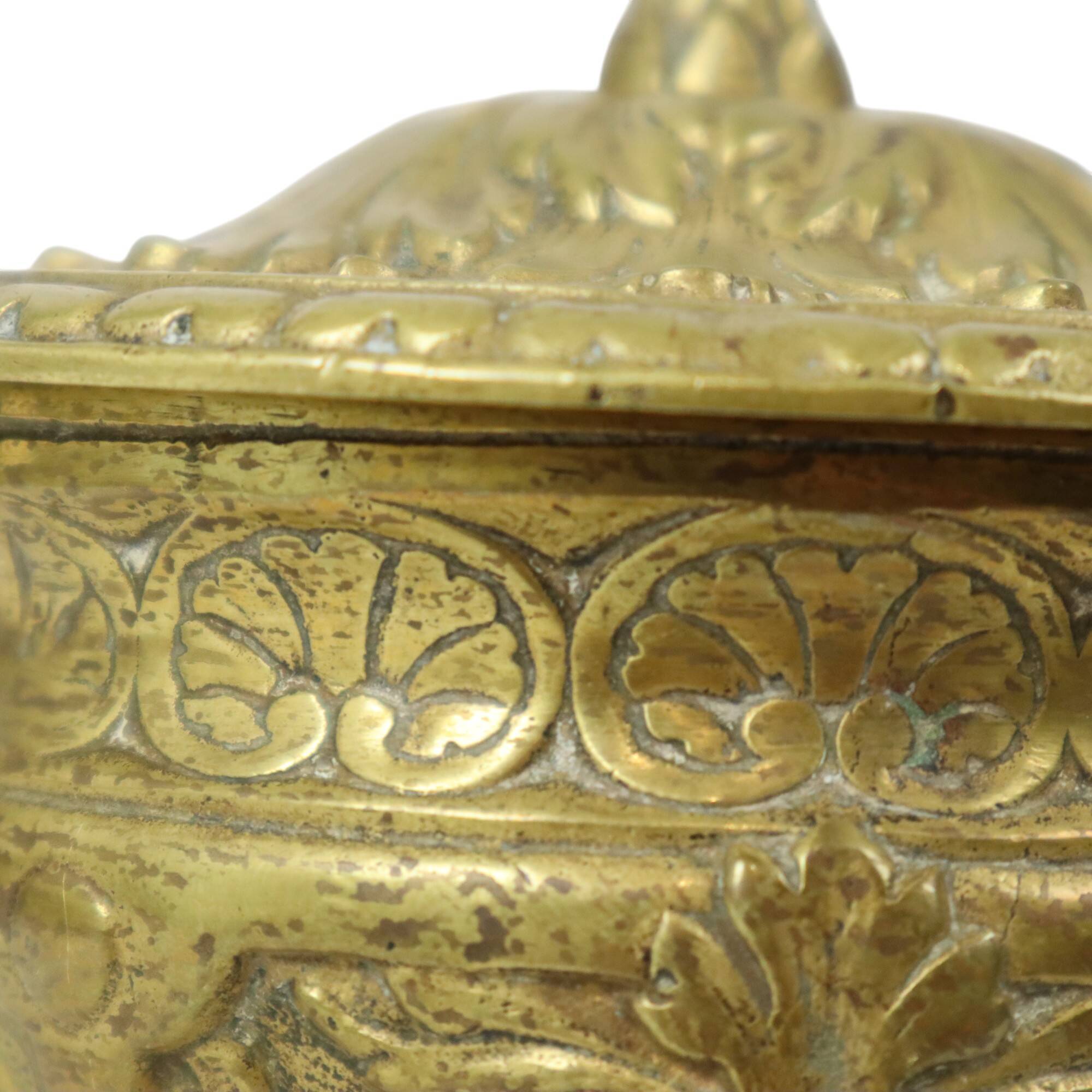 Old Brass Cup Goblet with Lid Mythical Figure 14cm