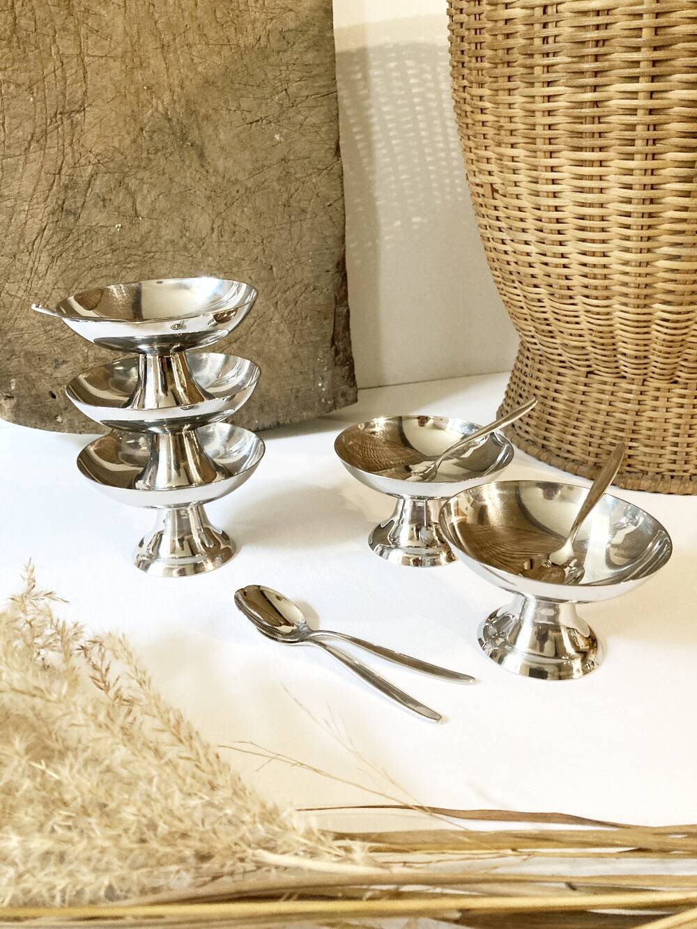 Set of 5 Guy Degrenne stainless steel ice cream cups and spoons