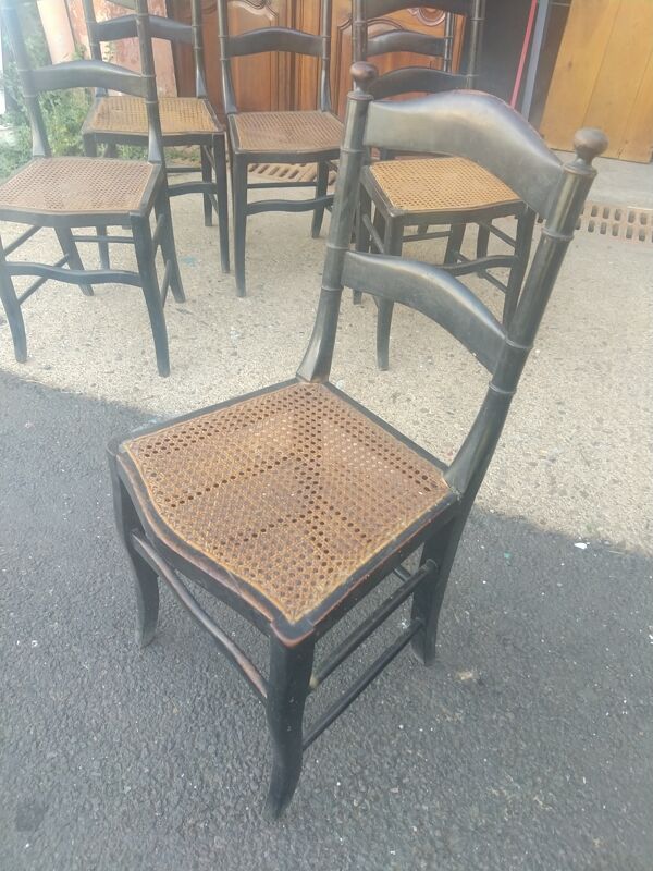 Série de 6 chaises époque Napoléon III en bois noirci et cannage