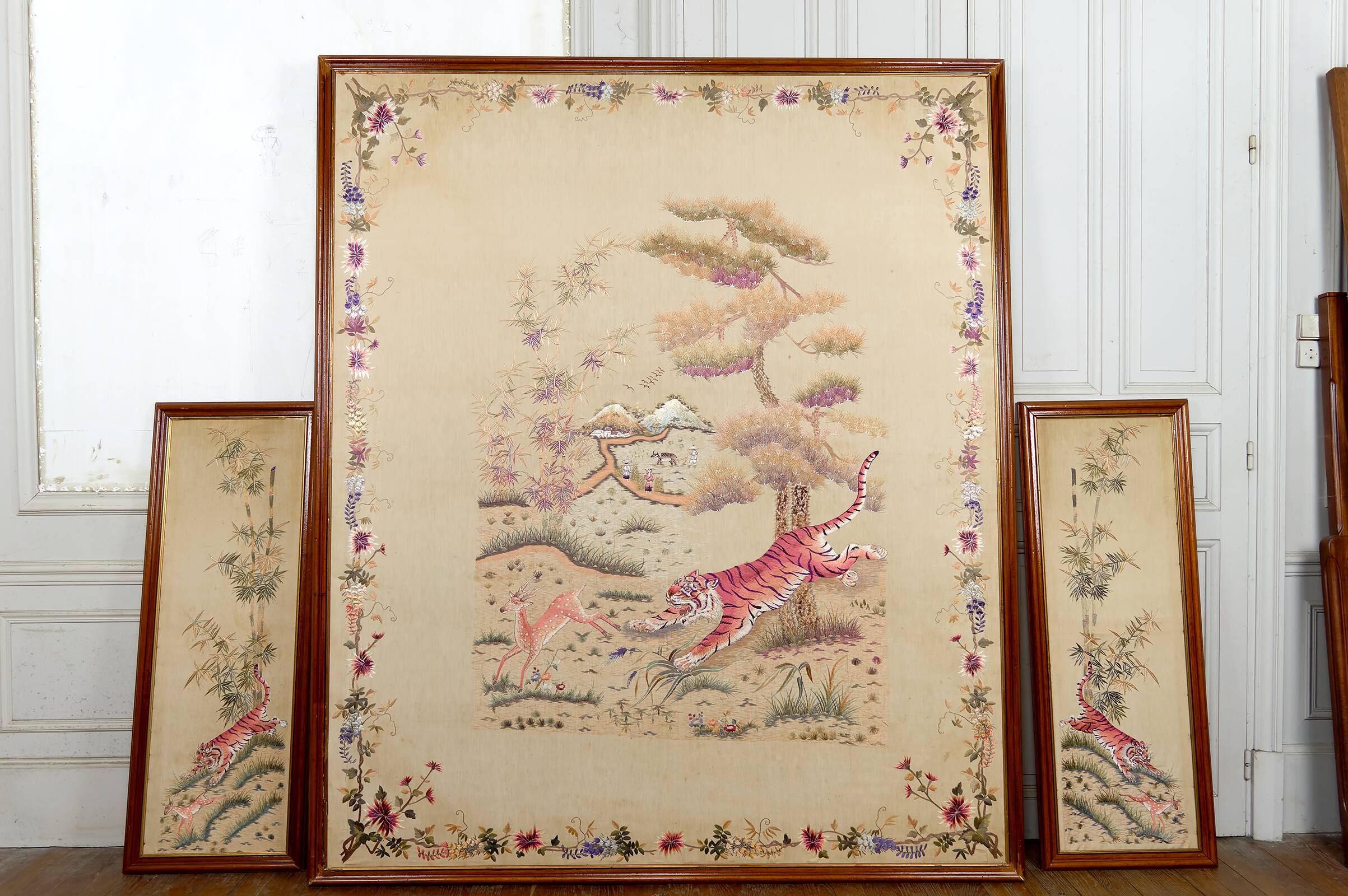 Important Set of Three Indochinese Silk Embroidered Tapestries