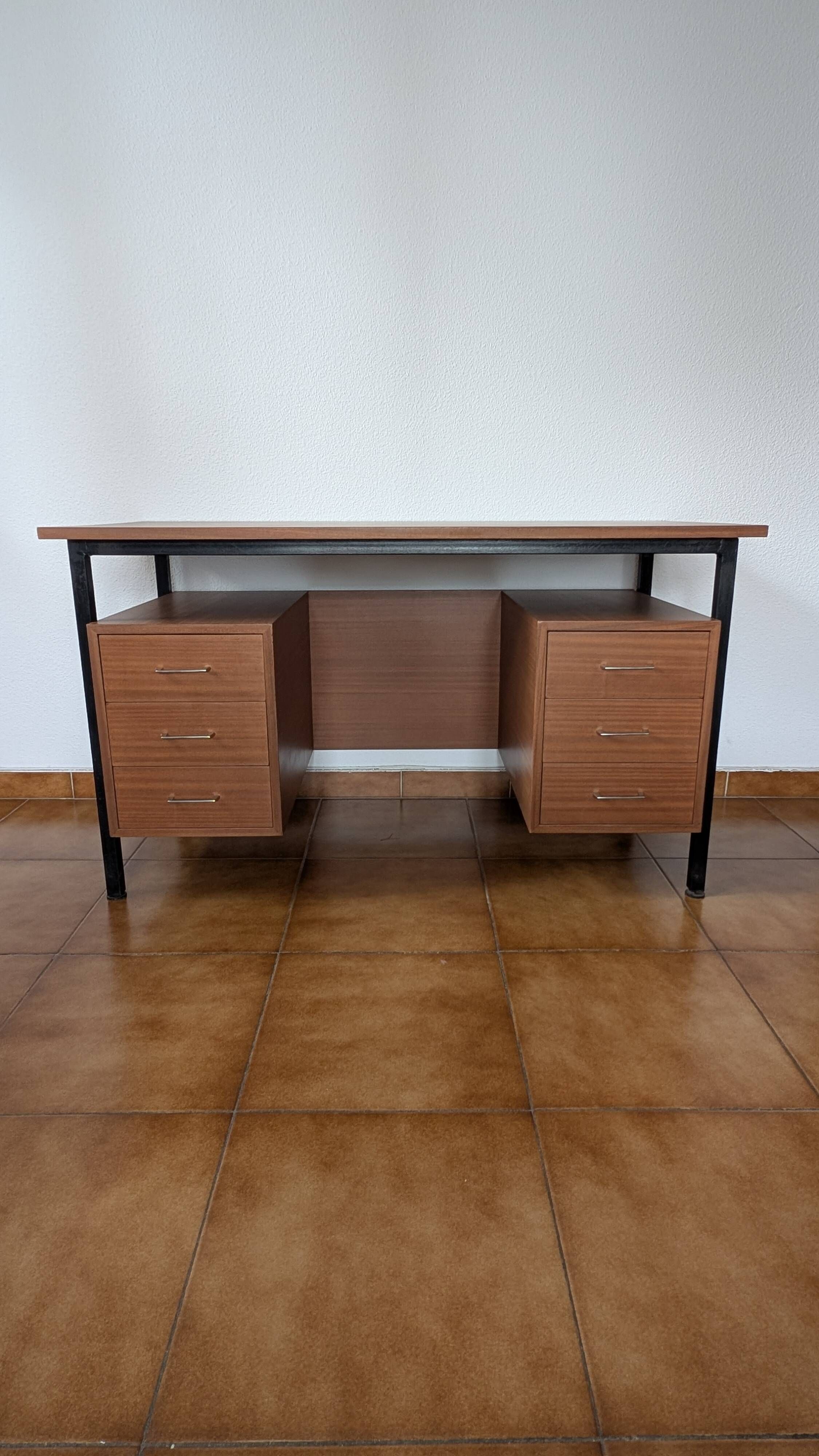 Industrial/craft desk from the 1970s; wood & metal.