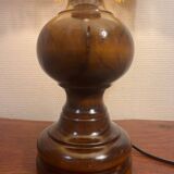 Solid wood floor lamp with 50s fabric and leather shade