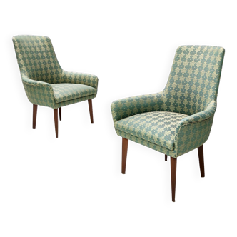 Pair of vintage high-quality green fabric and beech armchairs, italy