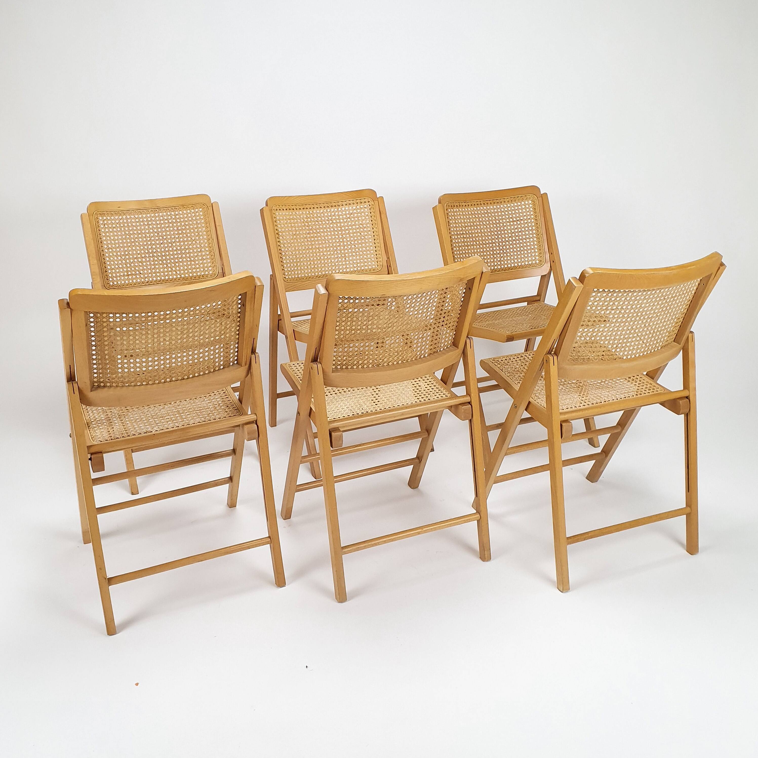 Set of 6 vintage birch and cane folding chairs, 1970s