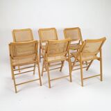 Set of 6 vintage birch and cane folding chairs, 1970s