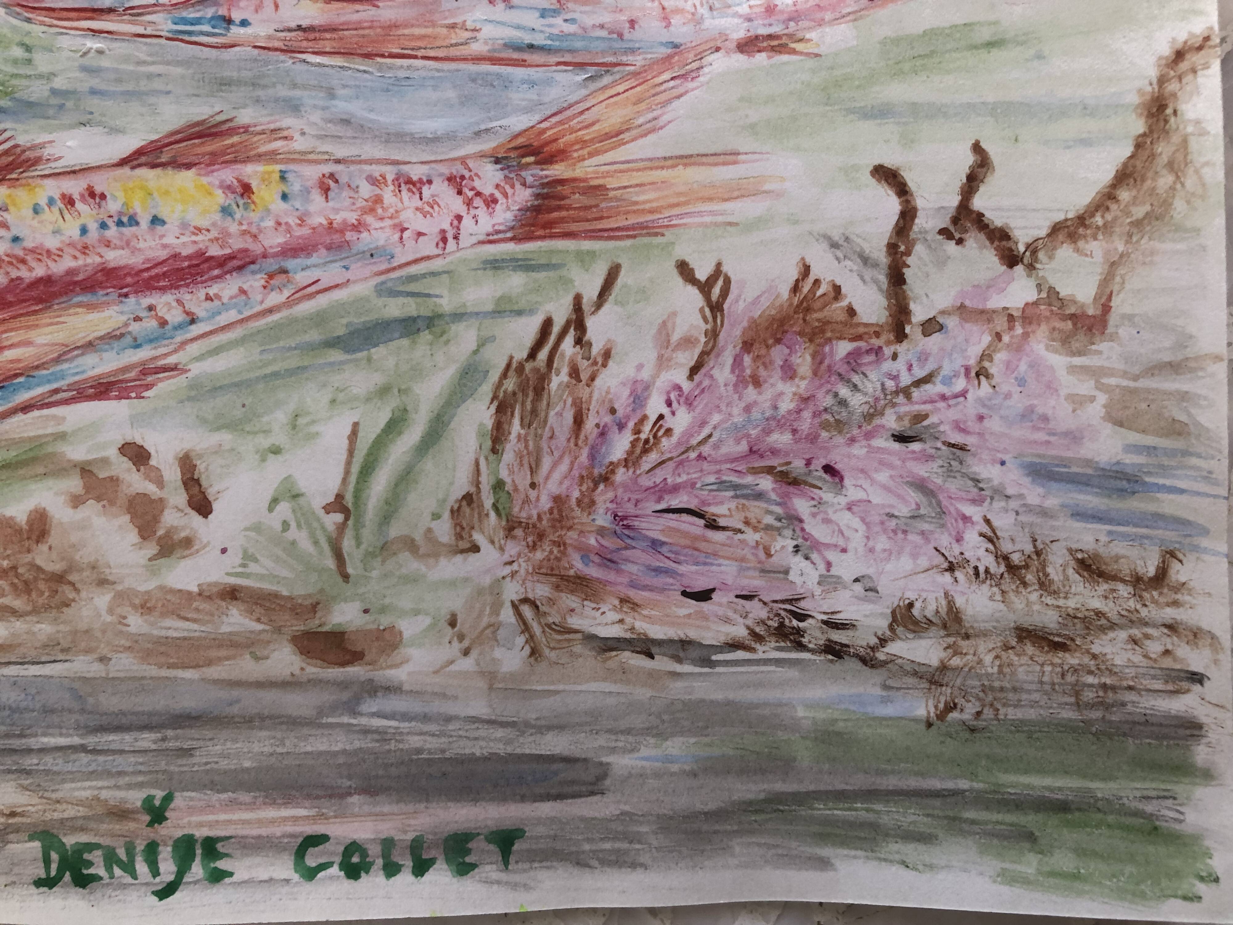 Watercolor 1960 red fish by denise collet, naive, xx painting on paper, without frame