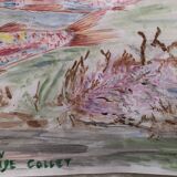 Watercolor 1960 red fish by denise collet, naive, xx painting on paper, without frame