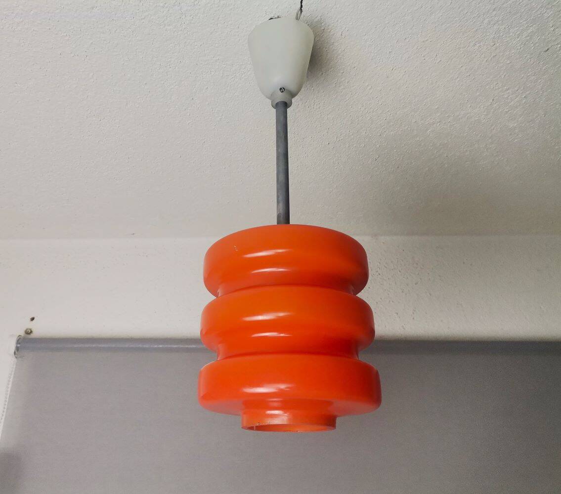 Pair Mid Century Modern MCM orange glass hanging lamps