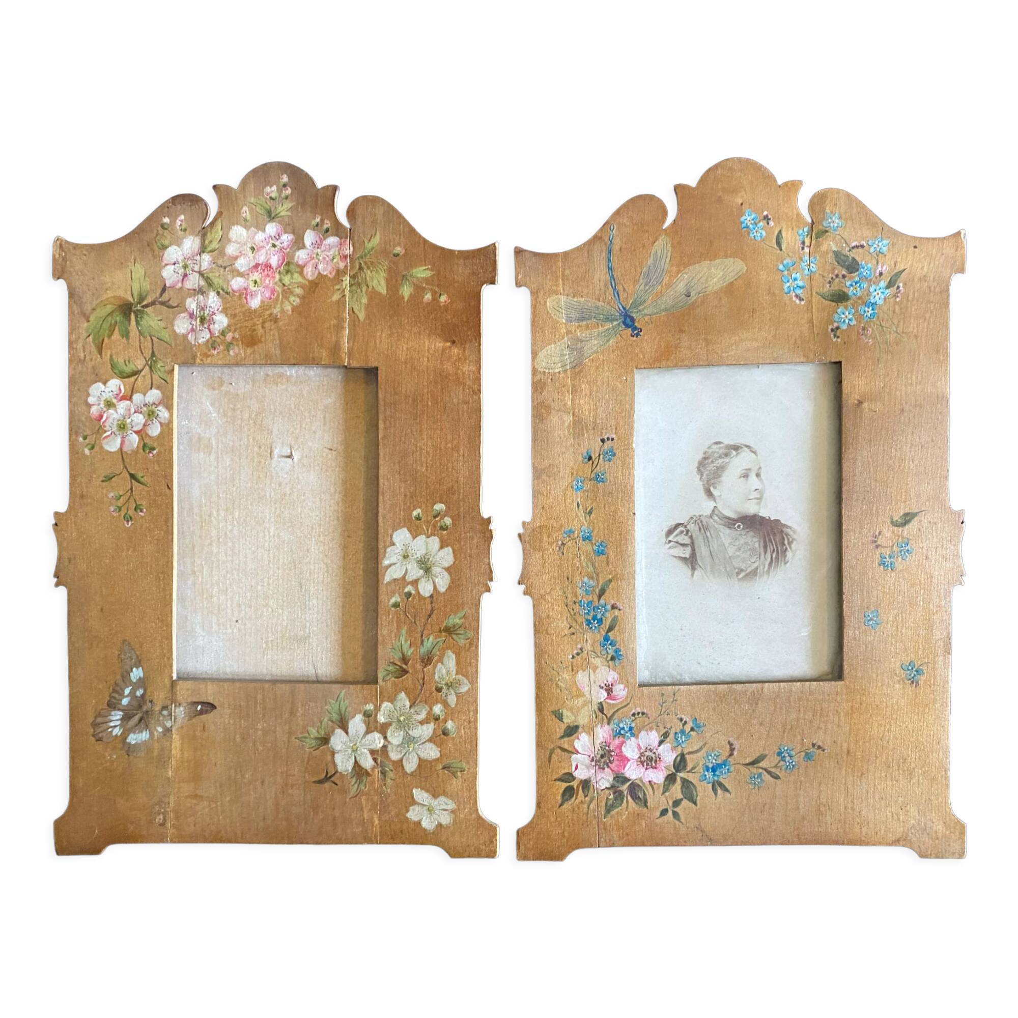 Pair of frames art nouveau circa 1900 dragonfly and flowers for restoration