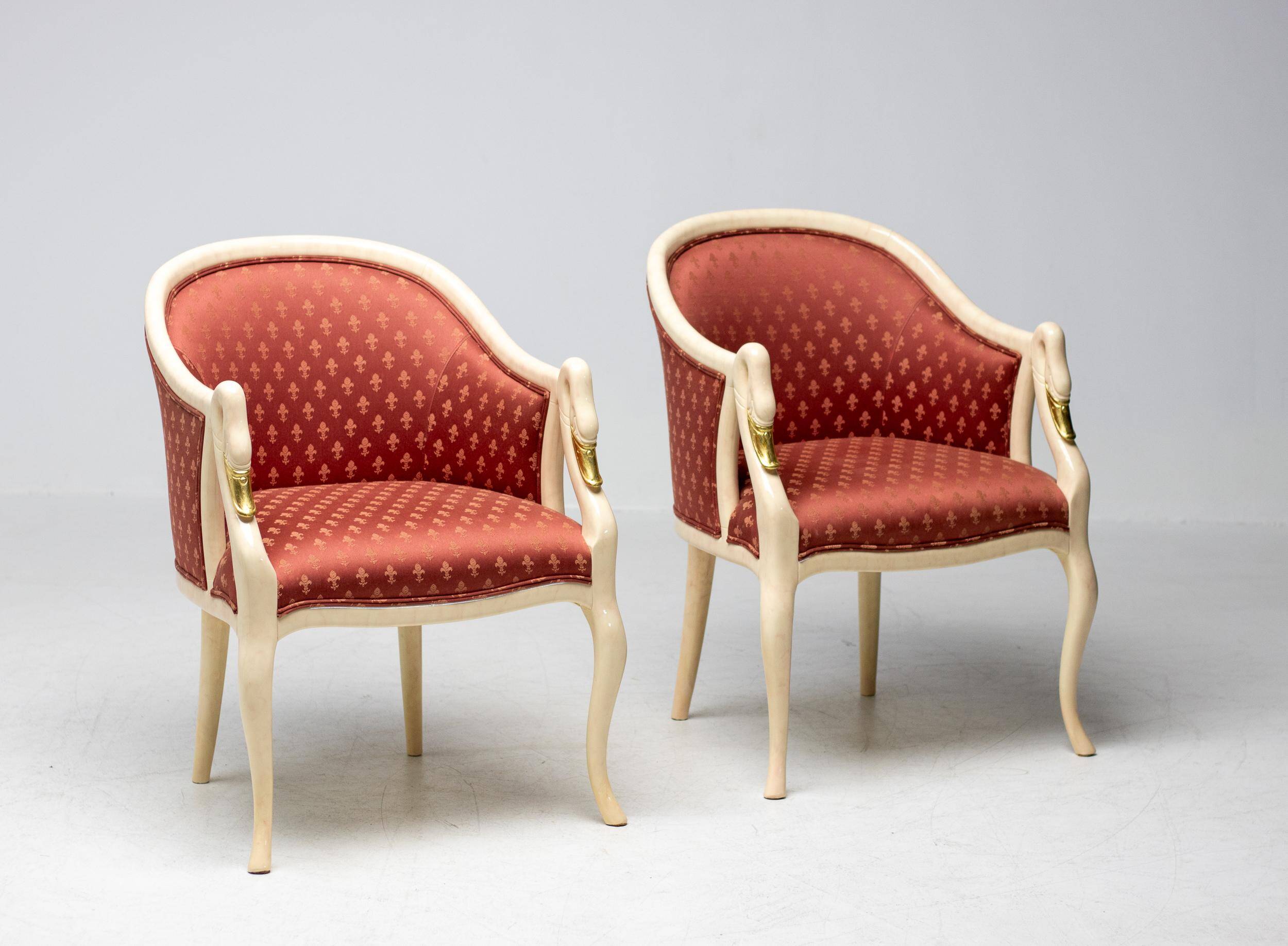 Trüggelmann - Swan neck armchair - Marble and gold base, poppy red damask
