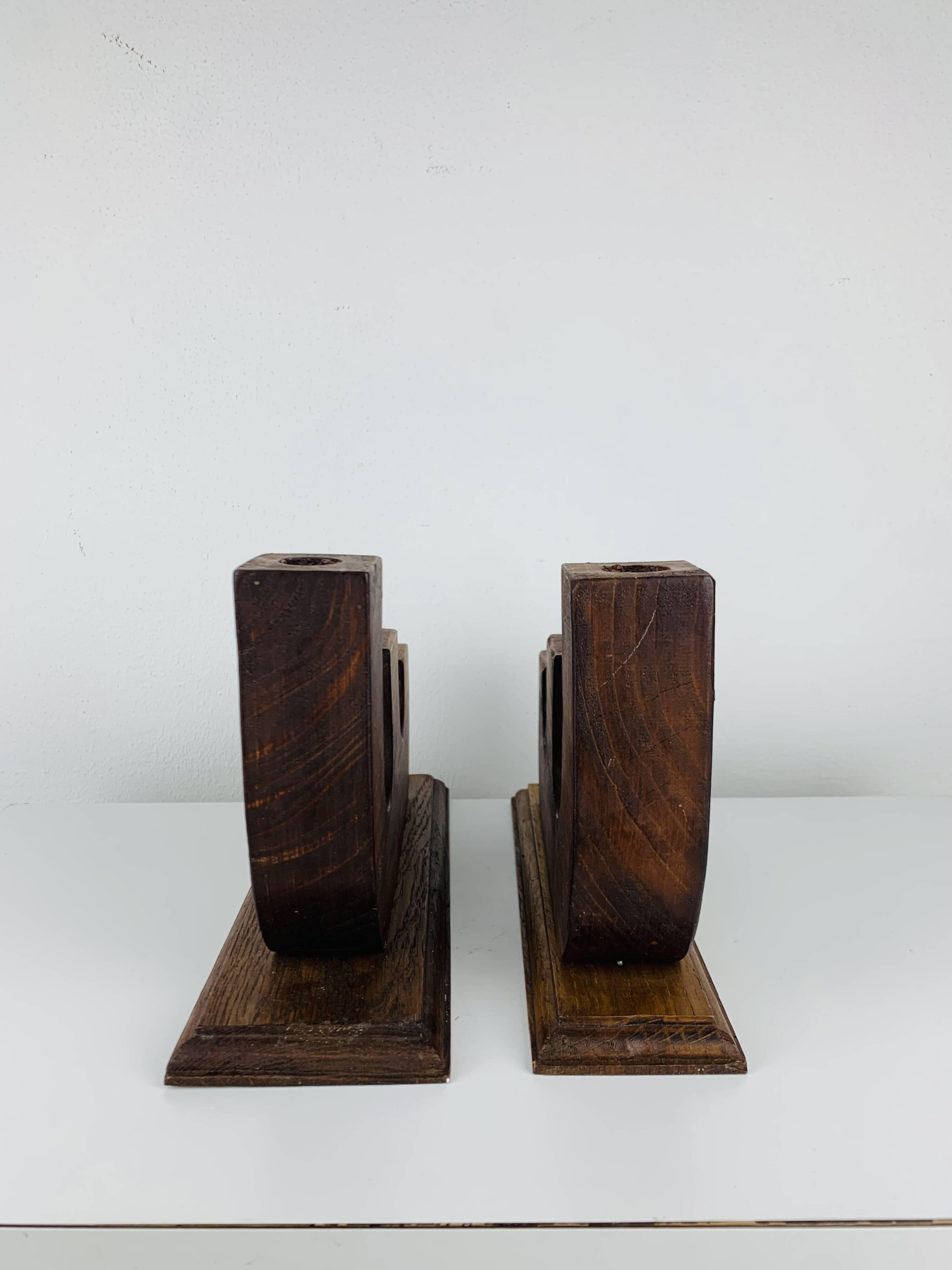 Pair of brutalist wooden candlesticks, 1960s